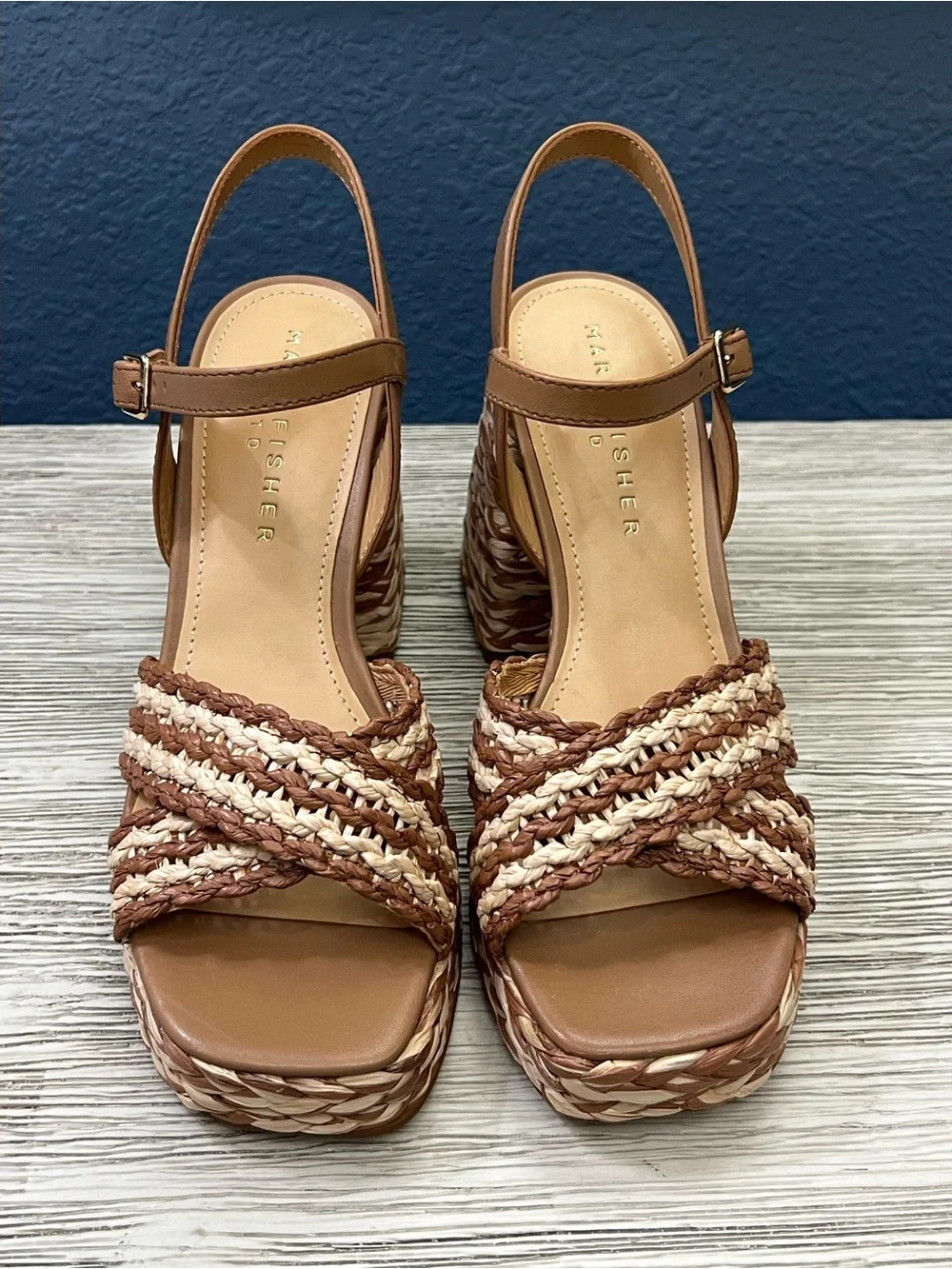NEW!!! Marc Fisher Juliey Tan and Cream Braided Platform Sandals